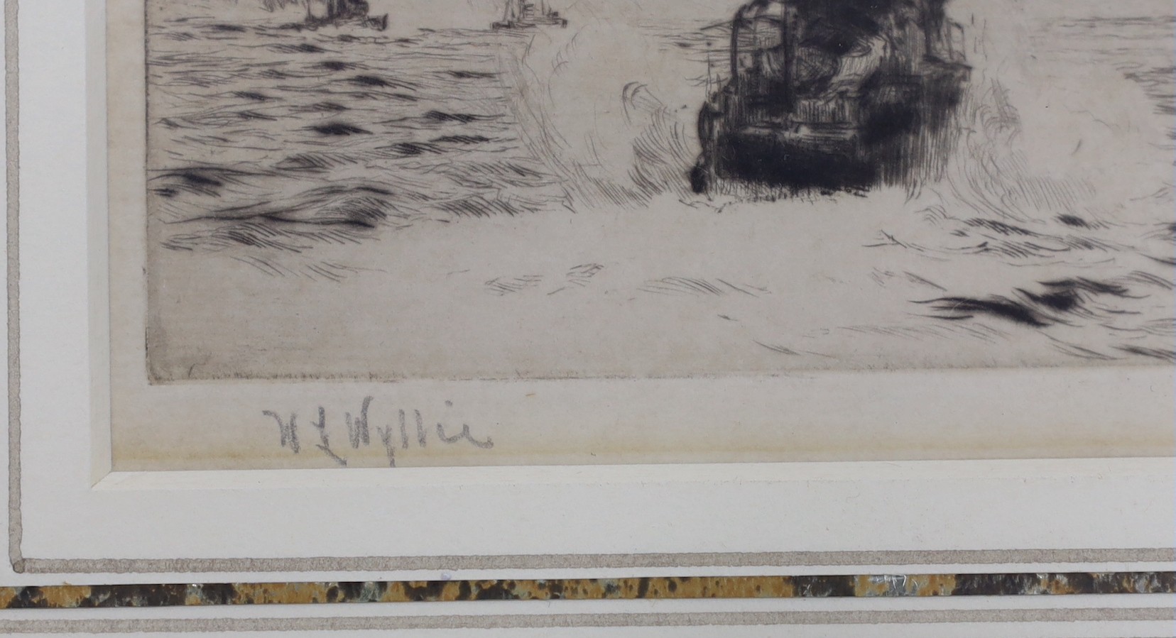 William Lionel Wyllie (1851-1931), drypoint etching, 'Torpedo boats hunting for U-boats (Battle of Jutland), signed in pencil, 9 x 33cm